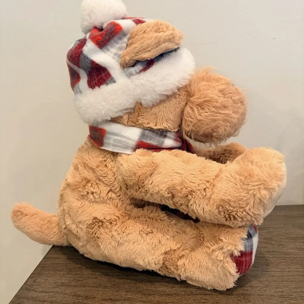 GT Gentle Treasures Tan Brown Sitting Puppy Dog Plaid Winter Hat Scarf 12